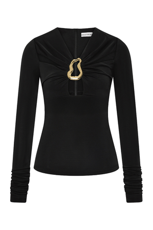 Mischa Long Sleeve Top Black by Rebecca Vallance - fitted jersey top with cut outs and gold hardware, perfect for chic evening styling.