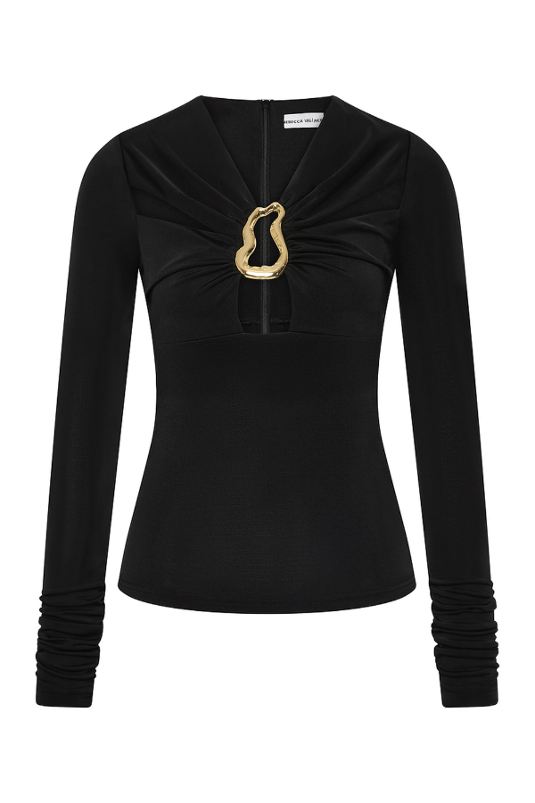 Mischa Long Sleeve Top Black by Rebecca Vallance - fitted jersey top with cut outs and gold hardware, perfect for chic evening styling.