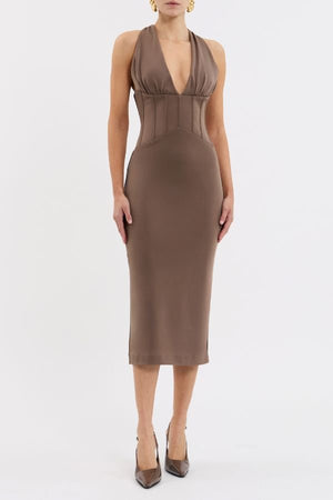 Mischa Midi Dress Mocha by Rebecca Vallance – a fitted midi with plunge neckline and corset detail. Perfect for evening styling.
