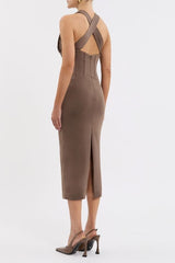 Mischa Midi Dress Mocha by Rebecca Vallance – a fitted midi with plunge neckline and corset detail. Perfect for evening styling.