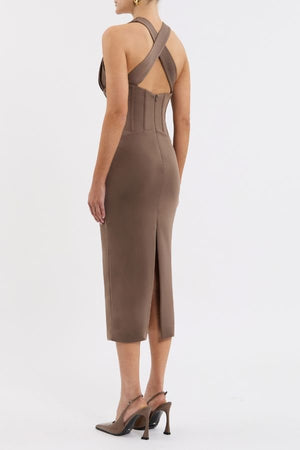 Mischa Midi Dress Mocha by Rebecca Vallance – a fitted midi with plunge neckline and corset detail. Perfect for evening styling.