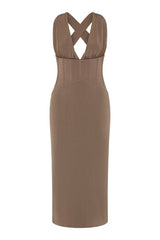 Mischa Midi Dress Mocha by Rebecca Vallance – a fitted midi with plunge neckline and corset detail. Perfect for evening styling.