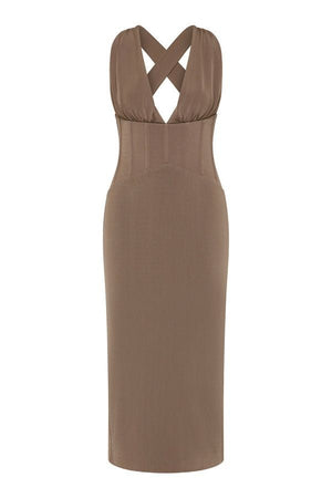 Mischa Midi Dress Mocha by Rebecca Vallance – a fitted midi with plunge neckline and corset detail. Perfect for evening styling.
