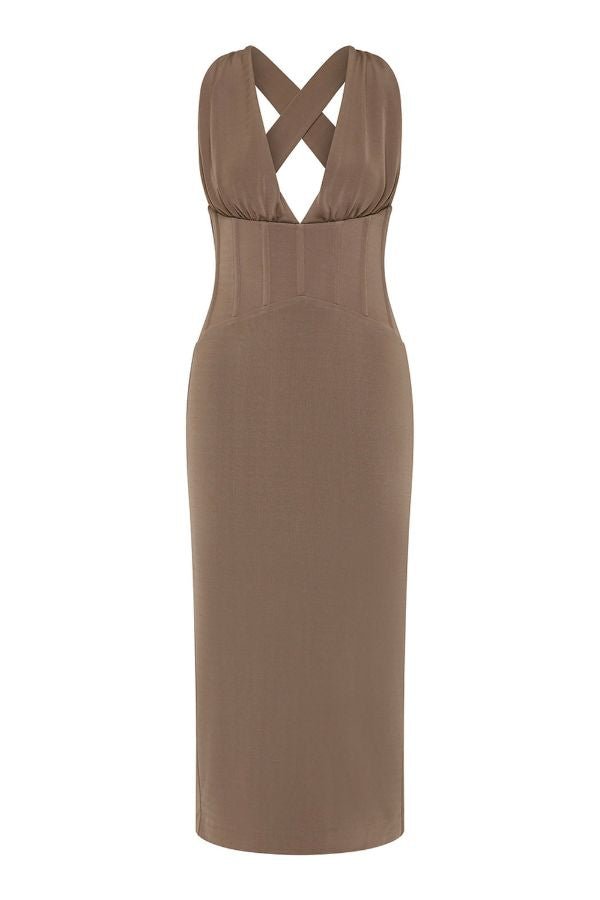Mischa Midi Dress Mocha by Rebecca Vallance – a fitted midi with plunge neckline and corset detail. Perfect for evening styling.