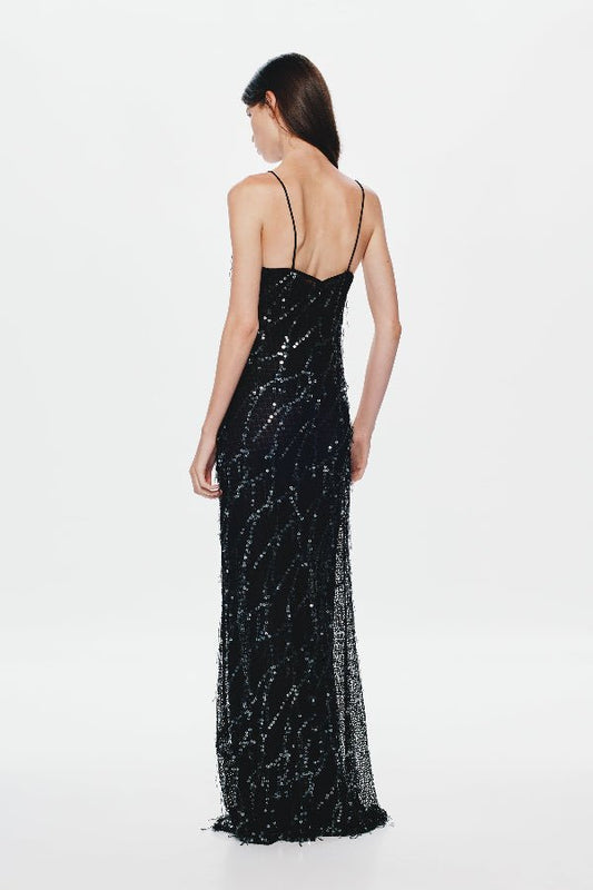 Onyx Sequin Dress by Misha, a sheer black gown with sequins, plunging neckline, and open back. Perfect for glamorous evenings.