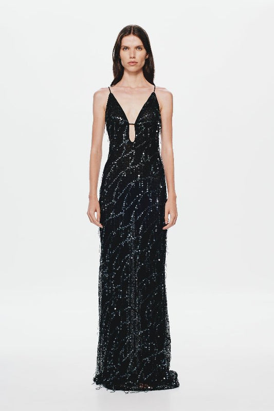 Onyx Sequin Dress by Misha, a sheer black gown with sequins, plunging neckline, and open back. Perfect for glamorous evenings.