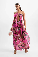 ‘Mission’ Pants Dolce Pink by Cin Cin – wide-leg resort pants in berry and brown swirl print with shirred elastic waist.
