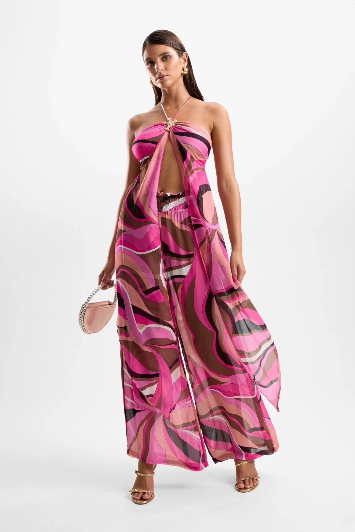 ‘Mission’ Pants Dolce Pink by Cin Cin – wide-leg resort pants in berry and brown swirl print with shirred elastic waist.
