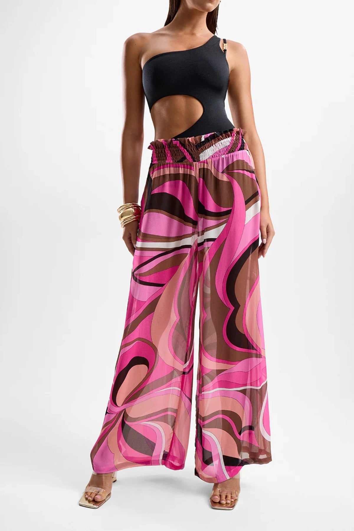 ‘Mission’ Pants Dolce Pink by Cin Cin – wide-leg resort pants in berry and brown swirl print with shirred elastic waist.
