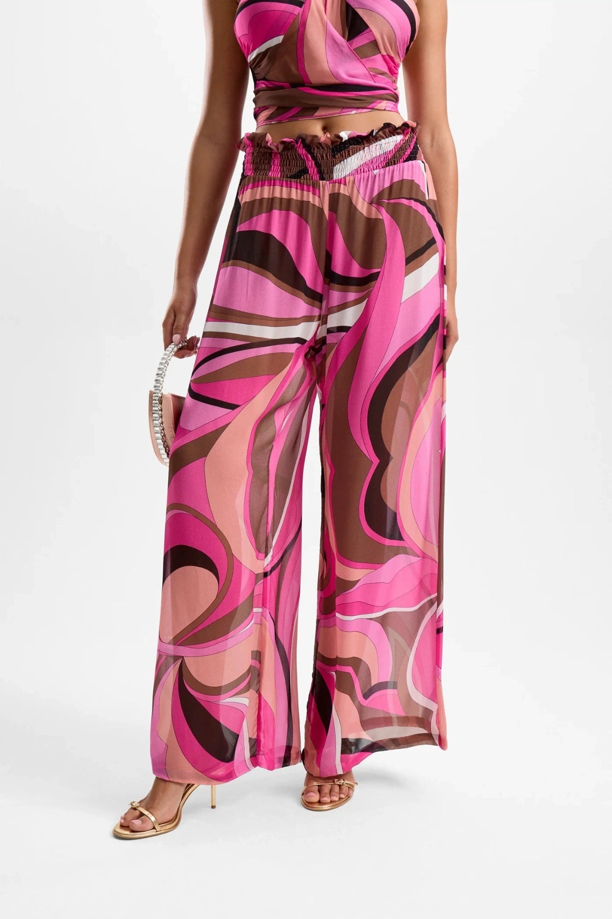 ‘Mission’ Pants Dolce Pink by Cin Cin – wide-leg resort pants in berry and brown swirl print with shirred elastic waist.
