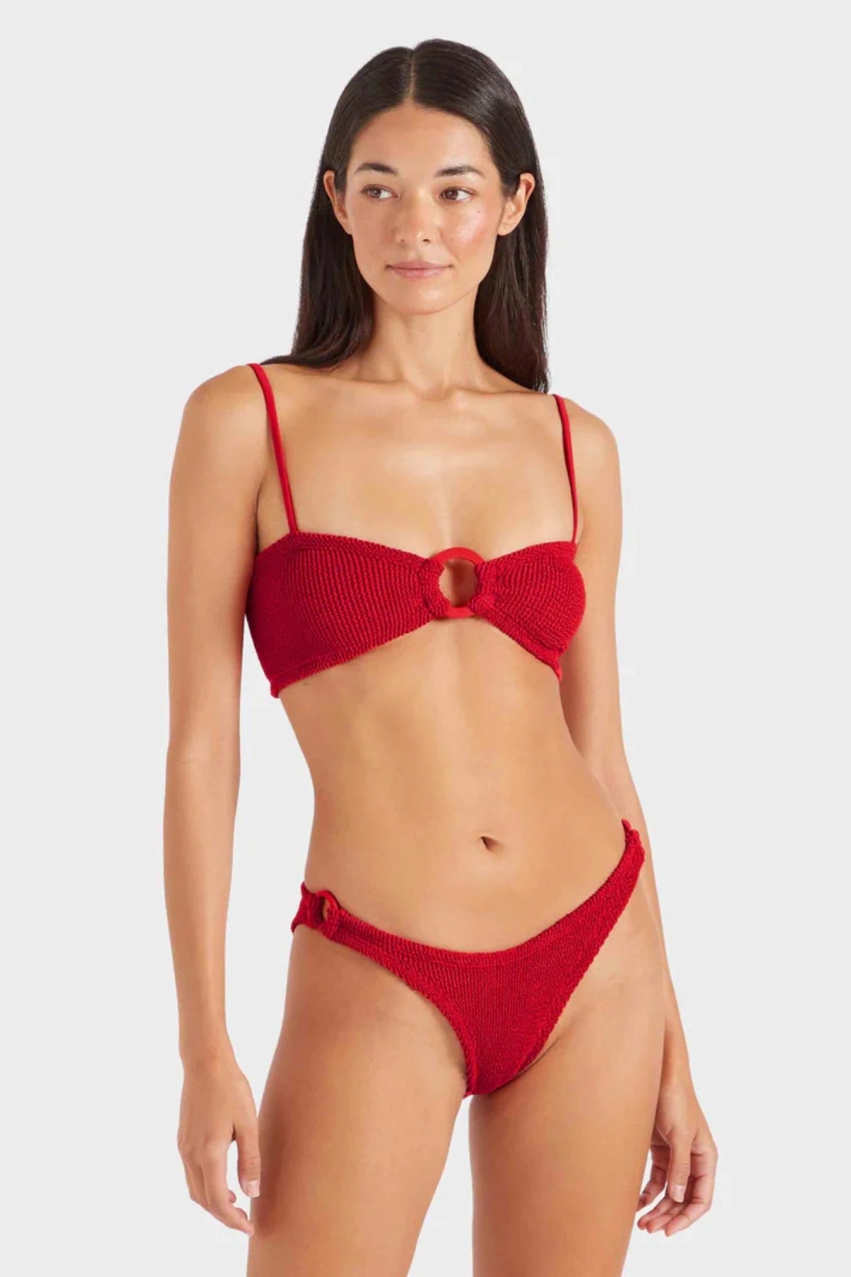 Misty Bikini by Hunza G, sleek minimal swim set in Original Crinkle™ with sculpting stretch and fabric hoop details.