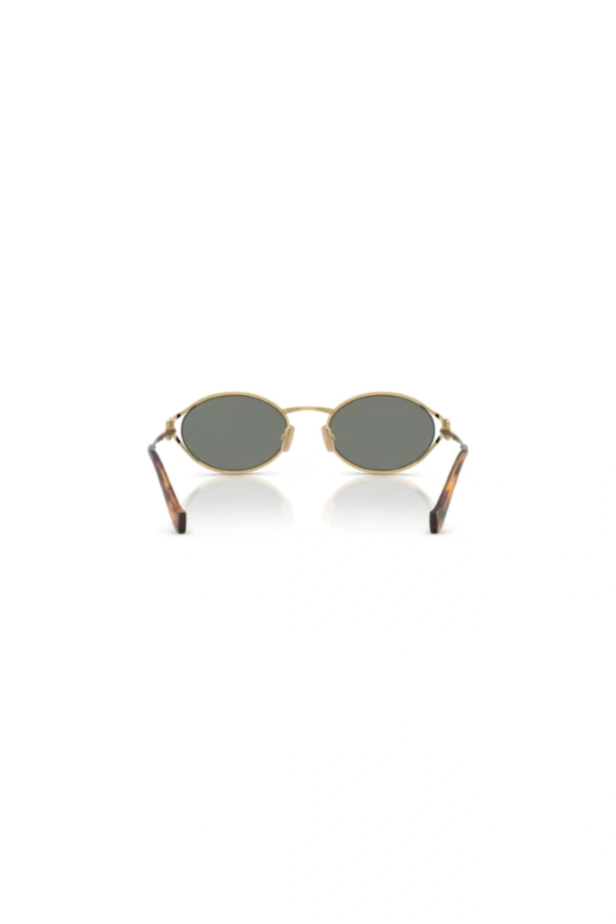 Miu Miu MU 52YS Gold Green Mirror Silver – oval metal sunglasses with open rims and vertical logo hinge, bold and modern in design.
