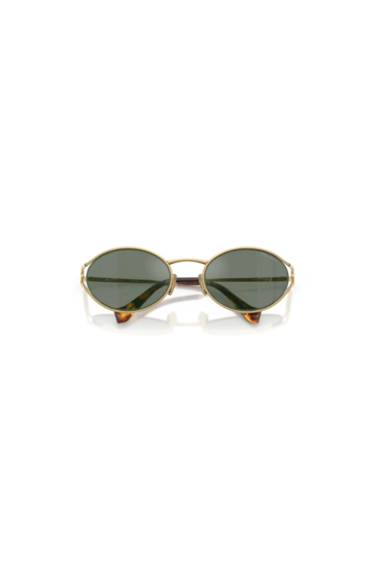 Miu Miu MU 52YS Gold Green Mirror Silver – oval metal sunglasses with open rims and vertical logo hinge, bold and modern in design.
