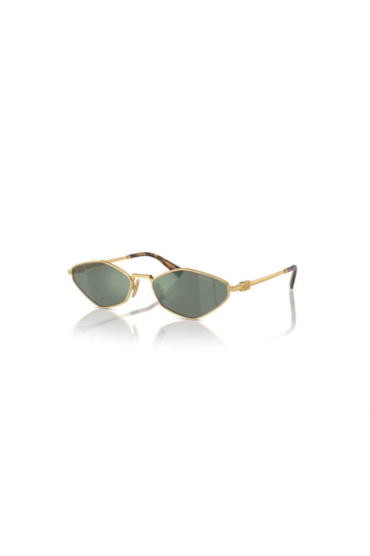 Miu Miu MU 56ZS Gold Green Mirror Silver – irregular narrow metal sunglasses with logo hinge and acetate temple tips.

