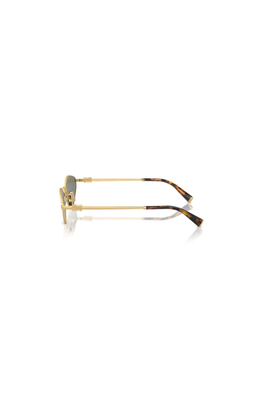 Miu Miu MU 56ZS Gold Green Mirror Silver – irregular narrow metal sunglasses with logo hinge and acetate temple tips.
