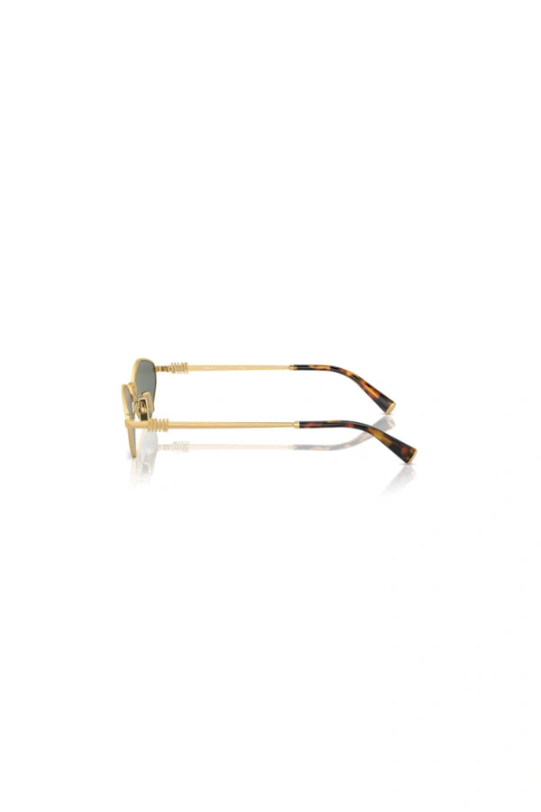 Miu Miu MU 56ZS Gold Green Mirror Silver – irregular narrow metal sunglasses with logo hinge and acetate temple tips.
