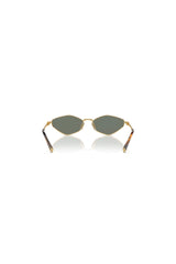 Miu Miu MU 56ZS Gold Green Mirror Silver – irregular narrow metal sunglasses with logo hinge and acetate temple tips.
