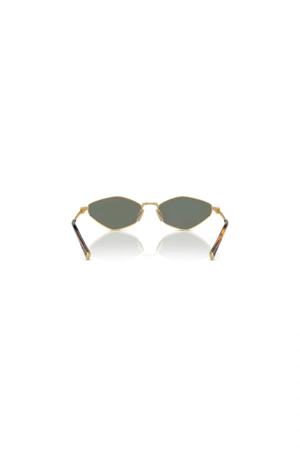 Miu Miu MU 56ZS Gold Green Mirror Silver – irregular narrow metal sunglasses with logo hinge and acetate temple tips.
