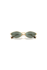 Miu Miu MU 56ZS Gold Green Mirror Silver – irregular narrow metal sunglasses with logo hinge and acetate temple tips.
