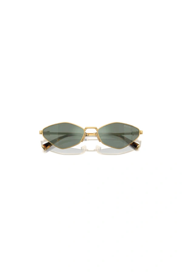 Miu Miu MU 56ZS Gold Green Mirror Silver – irregular narrow metal sunglasses with logo hinge and acetate temple tips.
