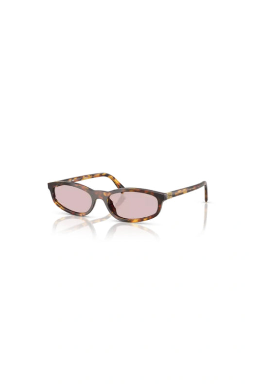 Miu Miu MU A06S sunglasses in honey havana with pink rectangle lenses and metal vertical logo for chic everyday style.
