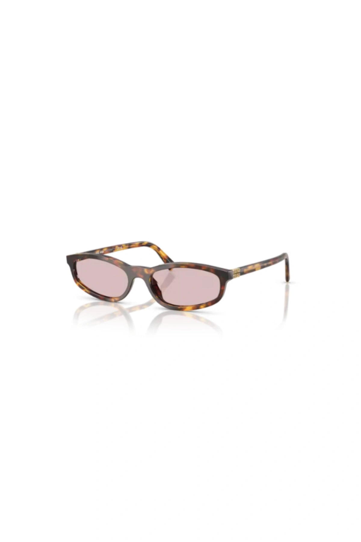 Miu Miu MU A06S sunglasses in honey havana with pink rectangle lenses and metal vertical logo for chic everyday style.
