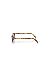 Miu Miu MU A06S sunglasses in honey havana with pink rectangle lenses and metal vertical logo for chic everyday style.
