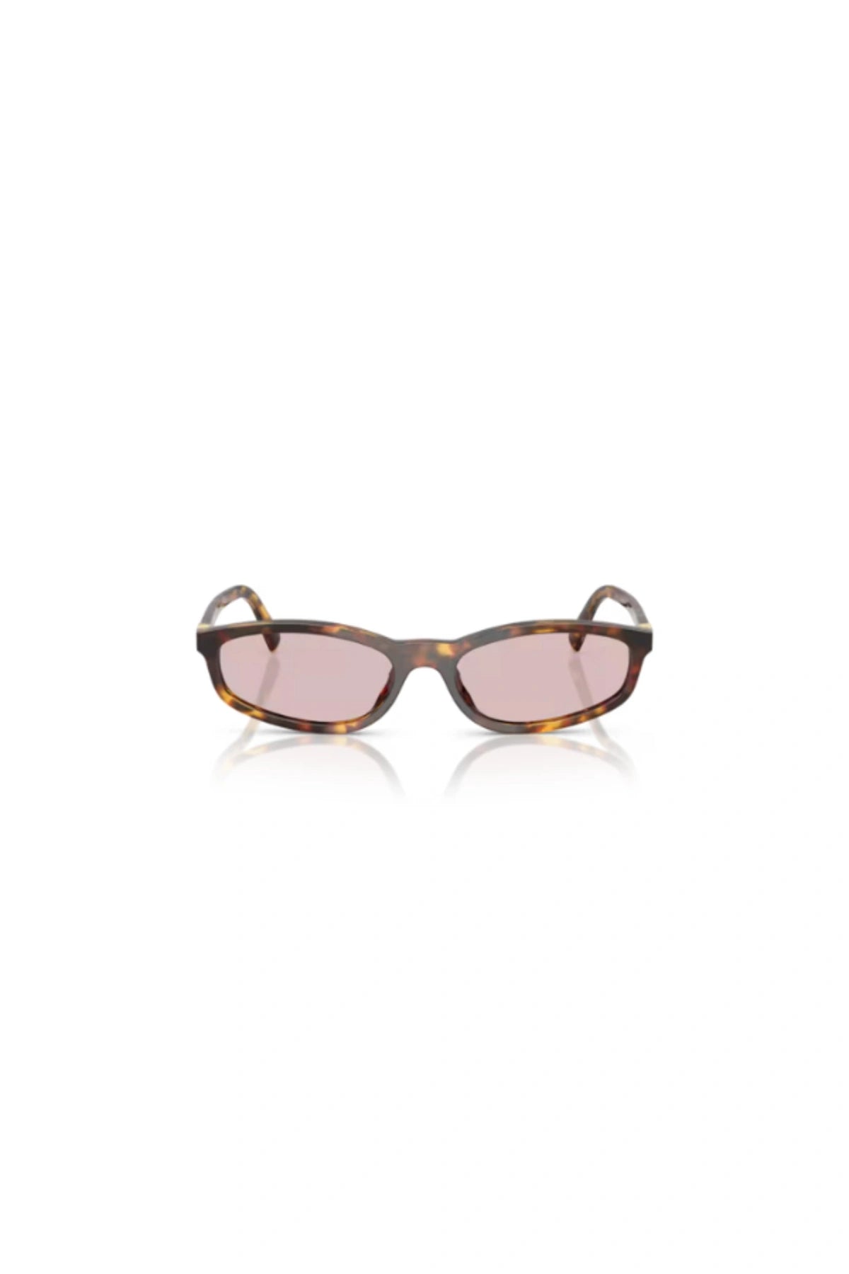Miu Miu MU A06S sunglasses in honey havana with pink rectangle lenses and metal vertical logo for chic everyday style.
