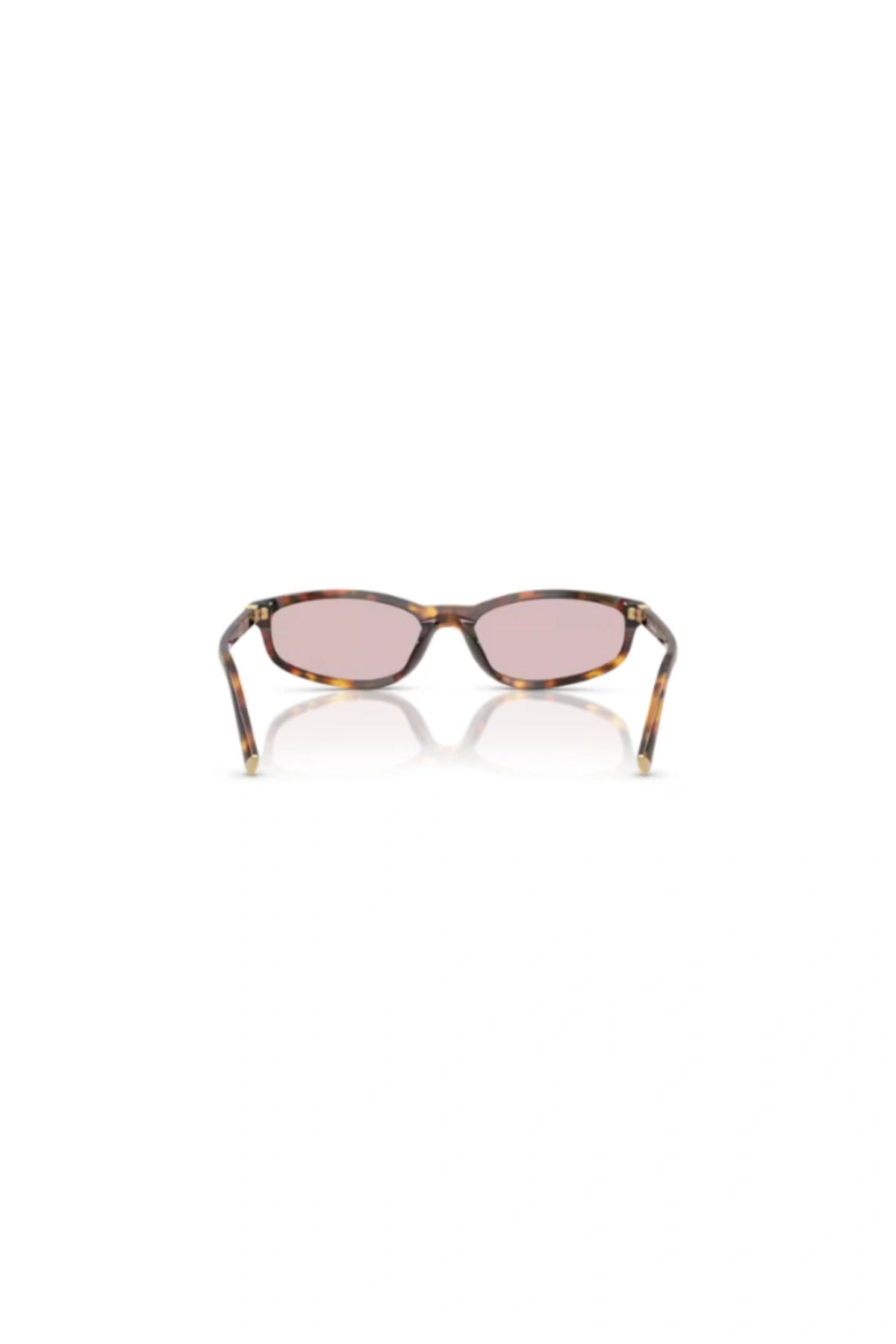 Miu Miu MU A06S sunglasses in honey havana with pink rectangle lenses and metal vertical logo for chic everyday style.
