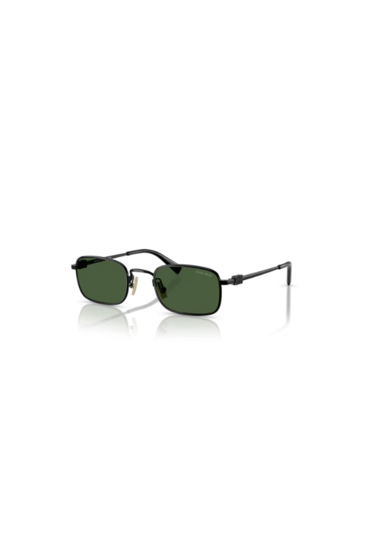 Miu Miu MU A53S Black sunglasses with dark green rectangular lenses, metal frame, acetate tips, and vertical logo temples.