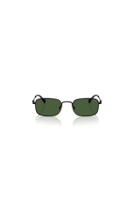 Miu Miu MU A53S Black sunglasses with dark green rectangular lenses, metal frame, acetate tips, and vertical logo temples.