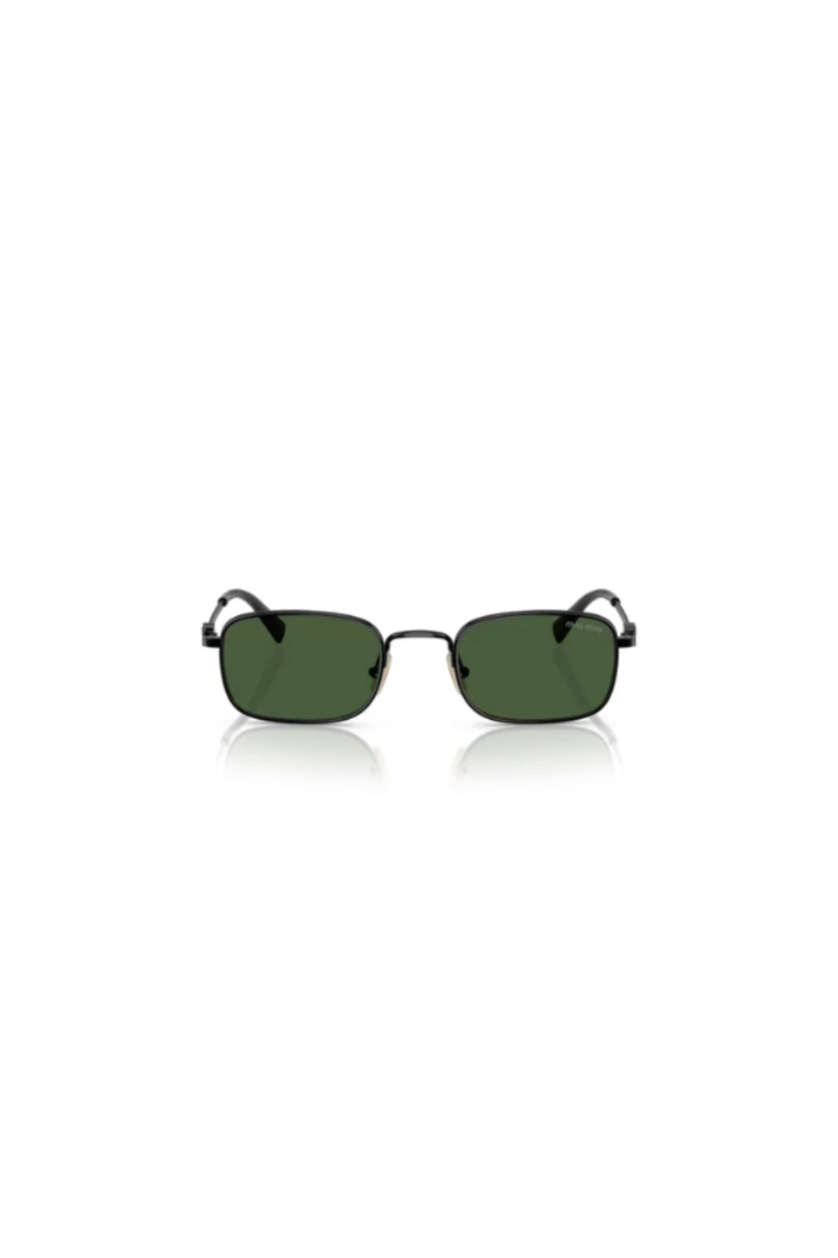 Miu Miu MU A53S Black sunglasses with dark green rectangular lenses, metal frame, acetate tips, and vertical logo temples.