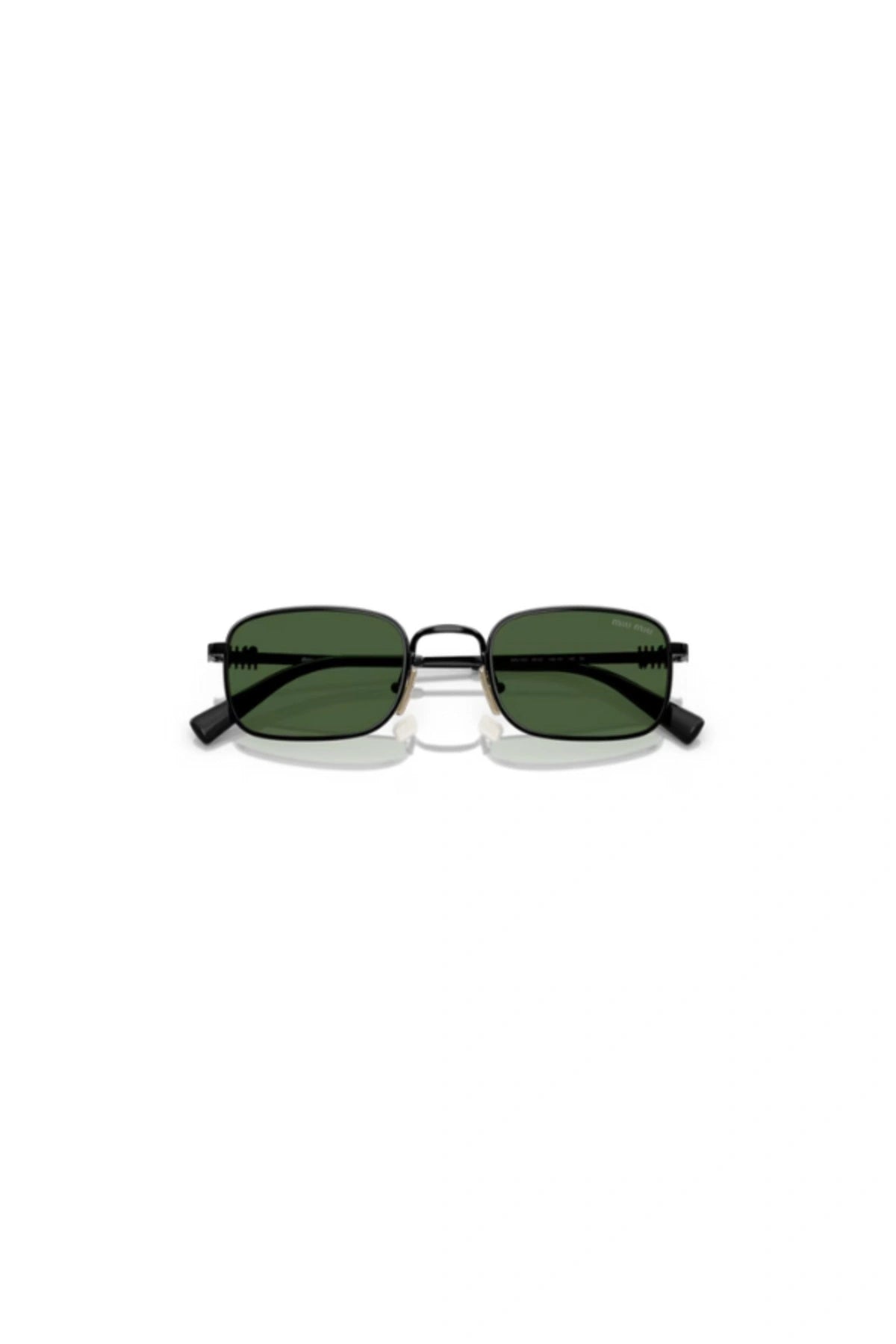 Miu Miu MU A53S Black sunglasses with dark green rectangular lenses, metal frame, acetate tips, and vertical logo temples.