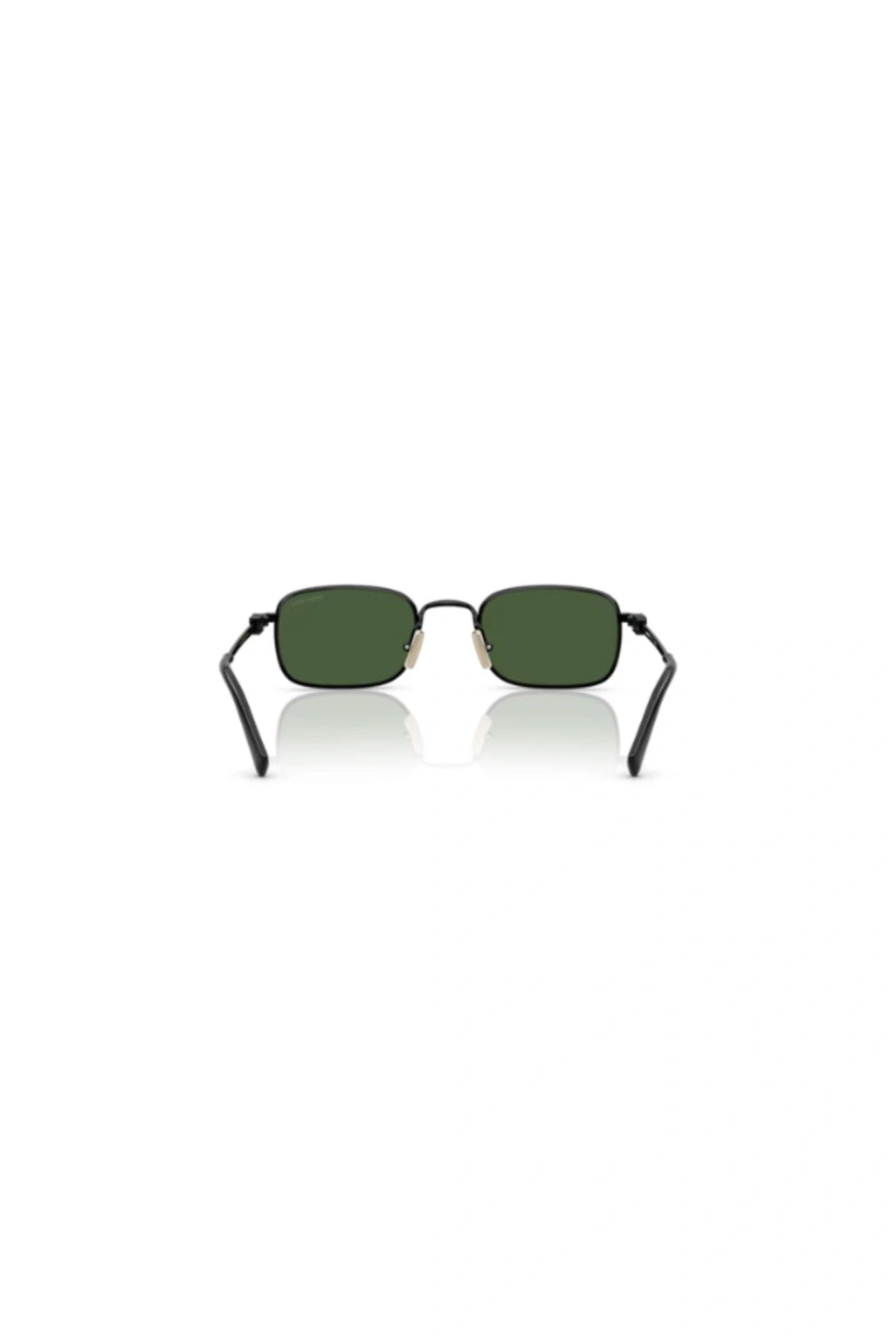 Miu Miu MU A53S Black sunglasses with dark green rectangular lenses, metal frame, acetate tips, and vertical logo temples.