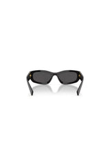Miu Miu MU B04S Black Dark Grey – irregular acetate sunglasses with bold temples and vertical logo in Miu Miu’s signature playful style.
