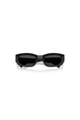 Miu Miu MU B04S Black Dark Grey – irregular acetate sunglasses with bold temples and vertical logo in Miu Miu’s signature playful style.
