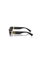 Miu Miu MU B04S Black Dark Grey – irregular acetate sunglasses with bold temples and vertical logo in Miu Miu’s signature playful style.
