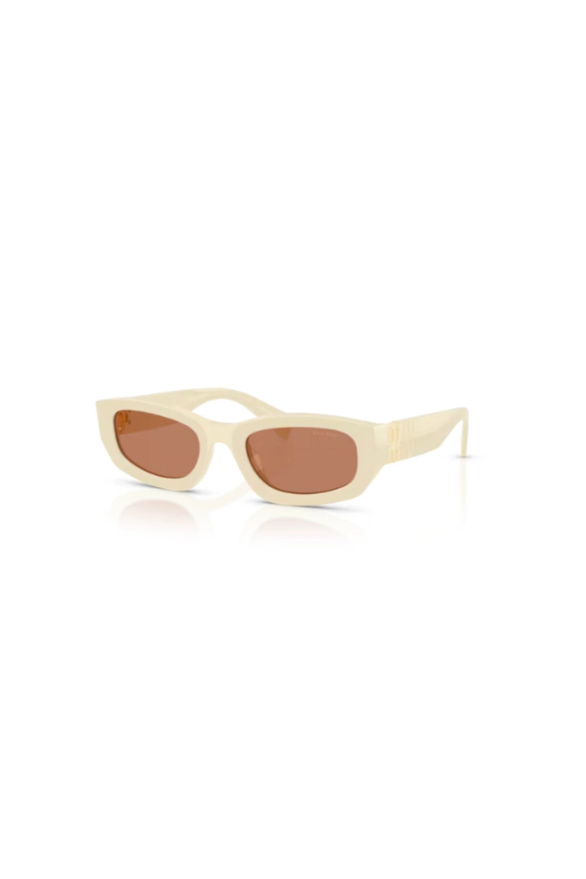 Miu Miu MU B04S Milk Brown – irregular acetate sunglasses with bold temples and vertical logo, blending playful charm and modern elegance.
