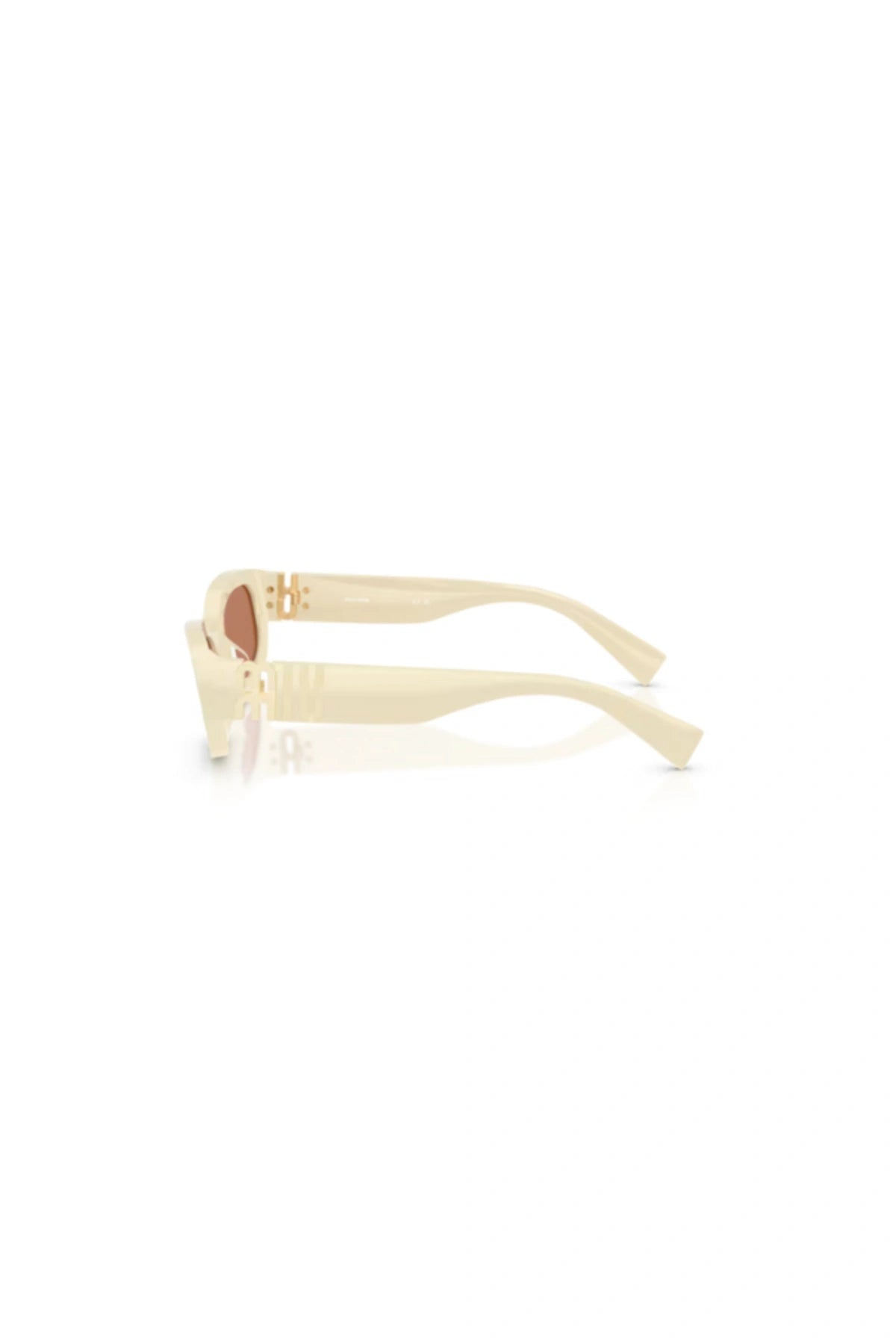 Miu Miu MU B04S Milk Brown – irregular acetate sunglasses with bold temples and vertical logo, blending playful charm and modern elegance.
