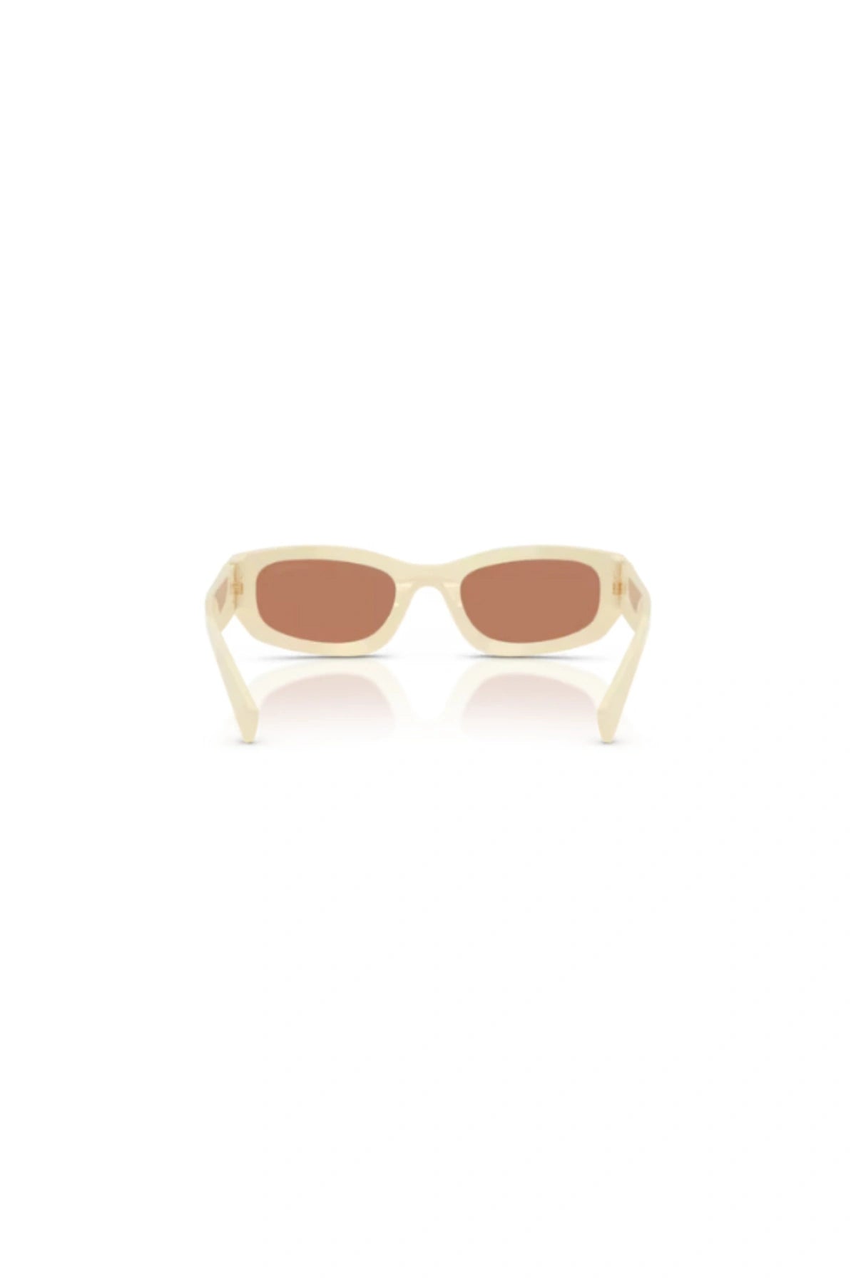 Miu Miu MU B04S Milk Brown – irregular acetate sunglasses with bold temples and vertical logo, blending playful charm and modern elegance.
