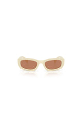 Miu Miu MU B04S Milk Brown – irregular acetate sunglasses with bold temples and vertical logo, blending playful charm and modern elegance.
