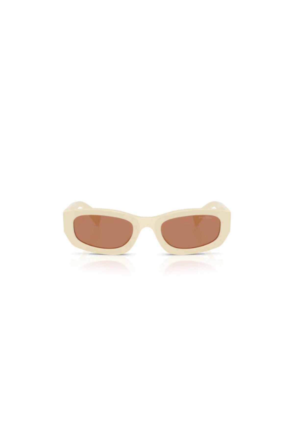 Miu Miu MU B04S Milk Brown – irregular acetate sunglasses with bold temples and vertical logo, blending playful charm and modern elegance.
