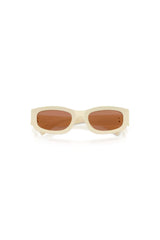 Miu Miu MU B04S Milk Brown – irregular acetate sunglasses with bold temples and vertical logo, blending playful charm and modern elegance.
