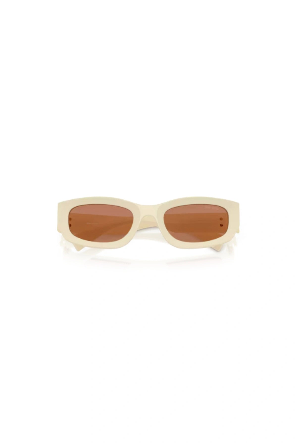 Miu Miu MU B04S Milk Brown – irregular acetate sunglasses with bold temples and vertical logo, blending playful charm and modern elegance.
