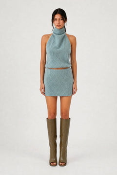 Miya Micro Skort Smokey Teal by Benni – textured boucle micro skort with built in shorts and tailored fit.