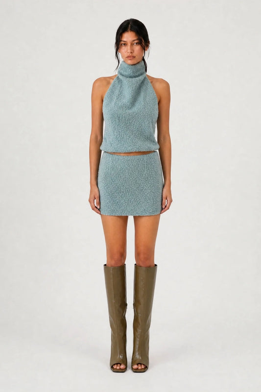 Miya Micro Skort Smokey Teal by Benni – textured boucle micro skort with built in shorts and tailored fit.