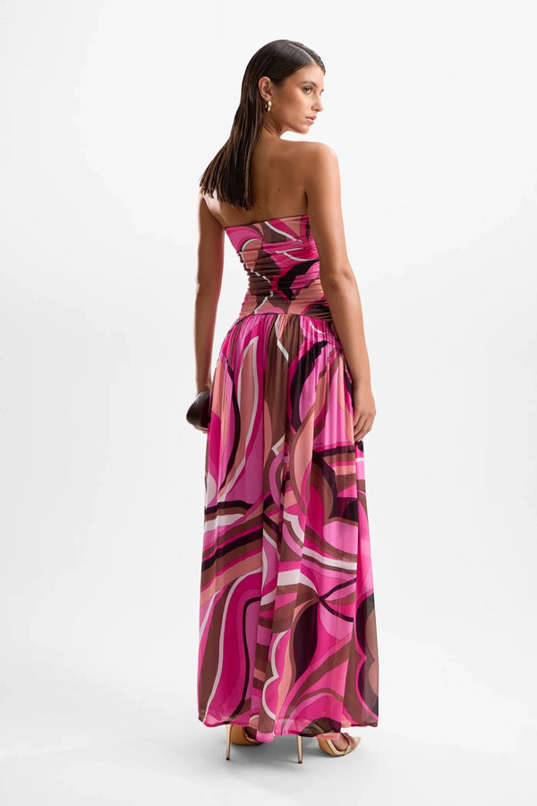 Mode Maxi Dress Dolce Pink by Cin Cin – a drop waist maxi with ruching and swirl print. Perfect for statement summer styling.