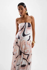 Mode Maxi Dress by Cin Cin, a drop-waist beige print maxi with side ruching and full lining. Perfect for evening elegance and coastal nights.