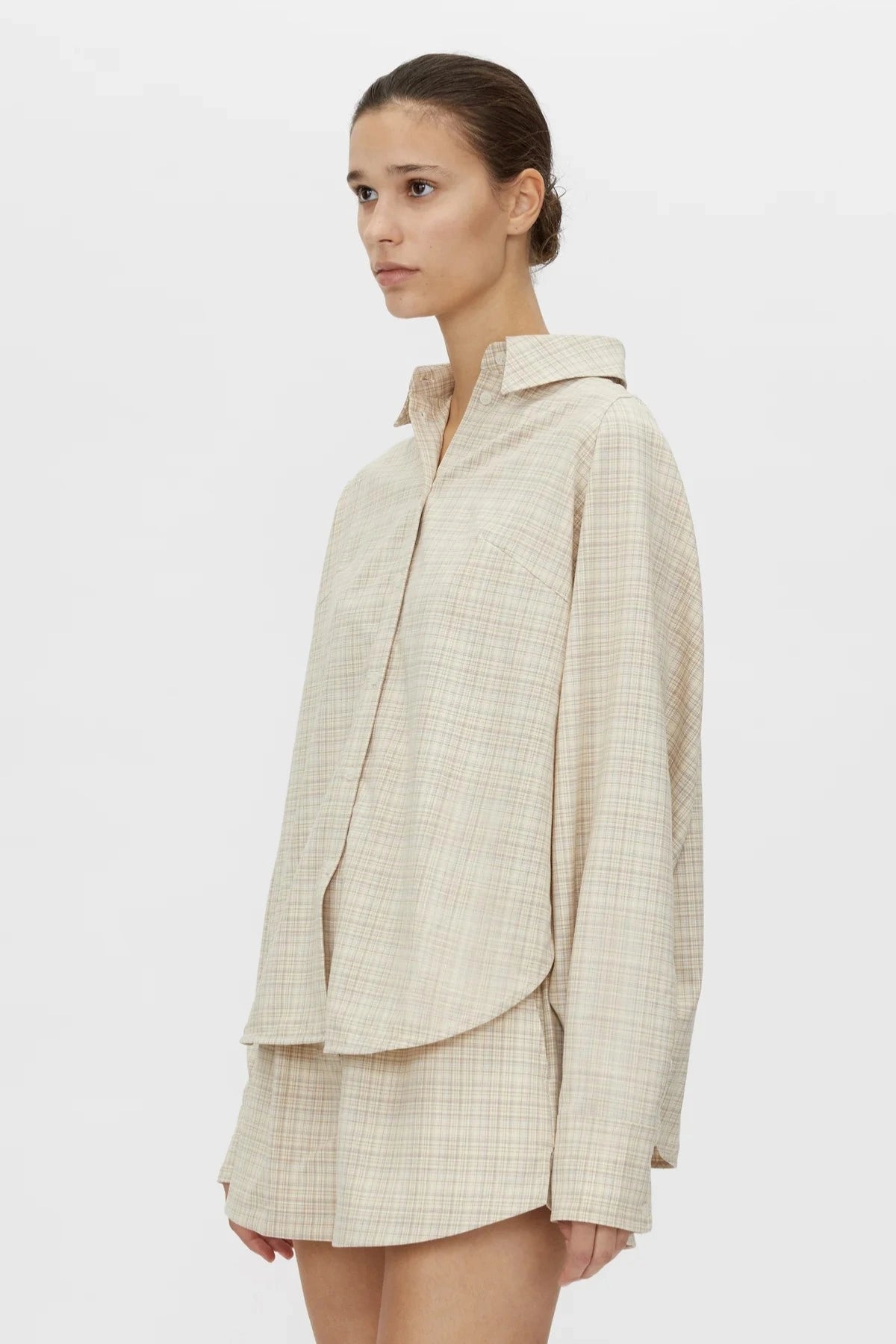 Modulo Shirt Sand Check by Camilla and Marc, oversized check shirt with refined tailoring, perfect paired with the matching shorts.
