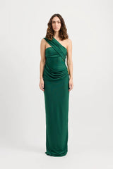 Mojave Dress Emerald by Tojhà — an emerald strapless maxi with sculptural draping and a gold buckle, perfect for elegant occasions.